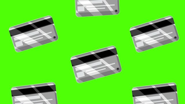 Cartoon style animation of several silver credit cards falling, green background, money, drawing, 2D, art.