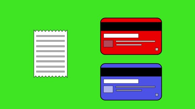 Cartoon style animation of two credit cards and a receipt on a green background, money, drawing, 2D, art.
