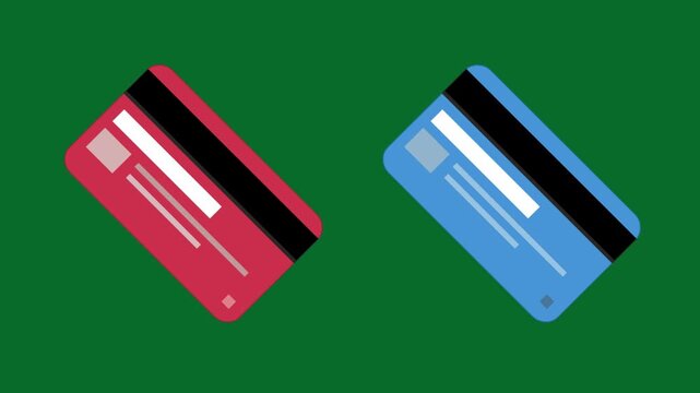 Cartoon style animation of two credit cards on a green background, money, drawing, 2D, art.