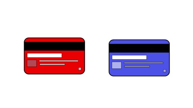 Cartoon style animation of two credit cards on a white background, money, drawing, 2D, art.