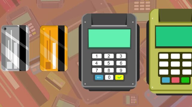Cartoon style animation of two payment terminals, cards and a receipt passing by, background, money, drawing, 2D, art.