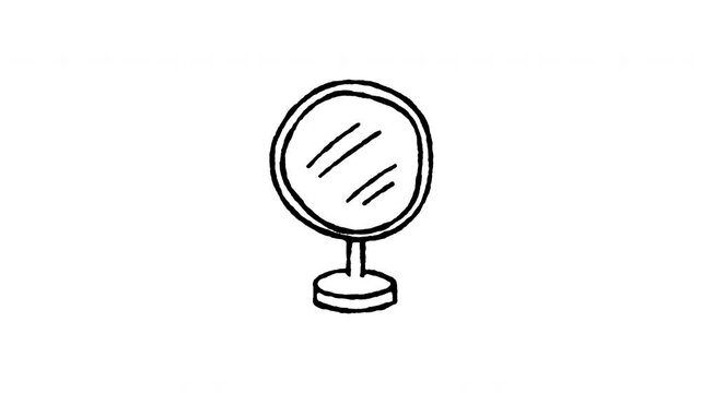  4K animated double sided vanity table mirror doodle icon. Frame by frame line art on black and green screen chroma key background for makeup tutorial, morning routine, skincare, and dressing table.