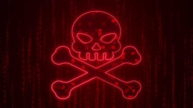 Danger warning hazard animation displays red neon skull crossbones. Warning hazard matrix layout features scrolling digital code tracking items. Hazard animation loop provides security alerts.