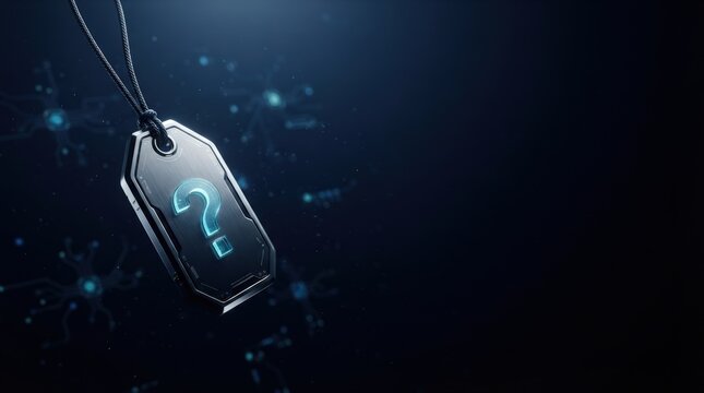 Close-up of a metallic tag with question mark against glowing blue digital particles, studio lighting, abstract tech mood emphasizing inquiry and innovation.