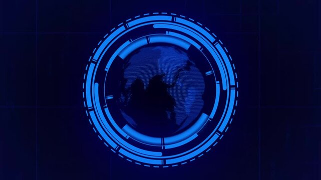Globe earth world animation features blue digital planetary sphere outlines. Earth world grid interface provides futuristic telemetry data trackers. Planetary sphere layout looks tech.