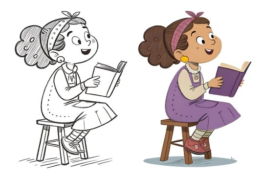Two happy girls reading books sitting on stools