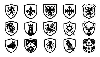 A comprehensive vector illustration set featuring various medieval heraldic shields with royal symbols and mythical creature emblems © vector