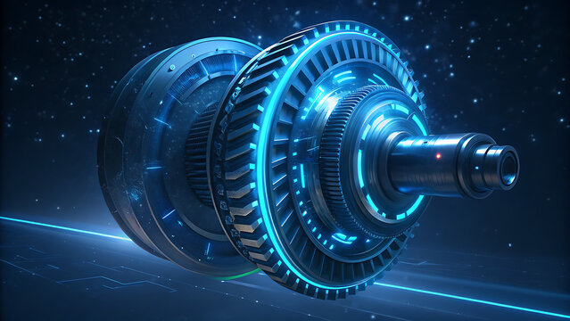 Futuristic high-tech turbine spinning at high speed. Advanced industrial engine with glowing blue energy circuits for innovation and power generation.