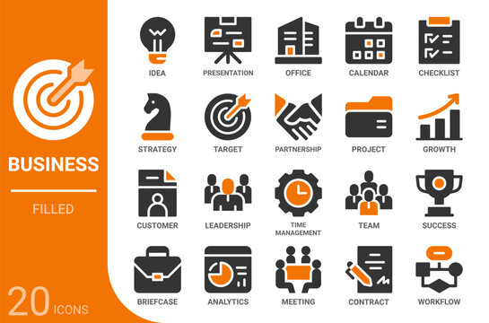 business filled glyph icon collection for web, app, UI, UX, dashboard, presentation and infographic and print design