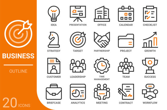 business outline icon collection for web, app, UI, UX, dashboard, presentation and infographic and print design