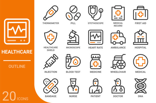 healthcare and medical outline icon collection for web, app, UI, UX, dashboard, presentation and infographic and print design
