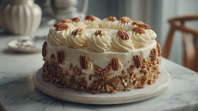 Whole Hummingbird Cake topped with piped frosting rosettes and pecan halves, marble countertop