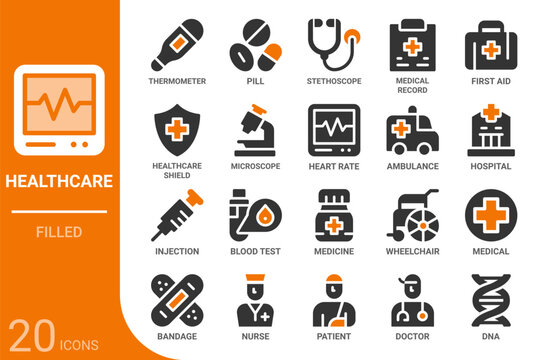 healthcare and medical filled glyph icon collection for web, app, UI, UX, dashboard, presentation and infographic and print design