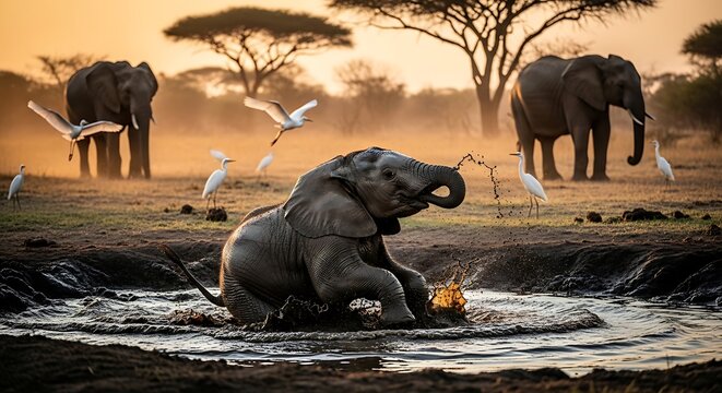 Baby elephant splashing in a mud hole at sunset