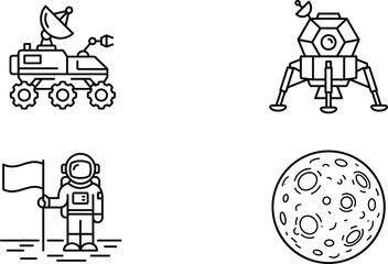 Space exploration line icon set featuring lunar rover module astronaut planting flag and cratered moon celestial surface vector © MOMINA