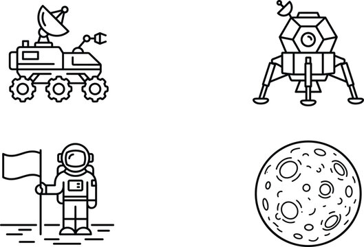 Space exploration line icon set featuring lunar rover module astronaut planting flag and cratered moon celestial surface vector