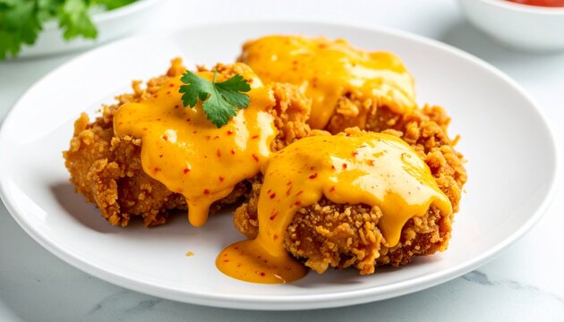 Crispy golden fried chicken pieces generously topped with a rich, spicy melted cheese sauce on a clean white plate