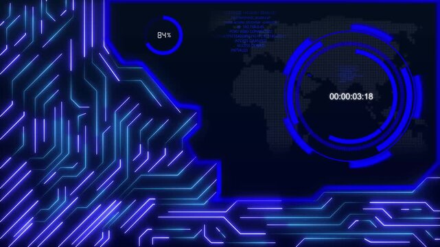 Technology interface HUD animation tracks world map circuitry systems. Interface HUD data readout dashboard showcases futuristic computer metrics. HUD animation border looks very professional.