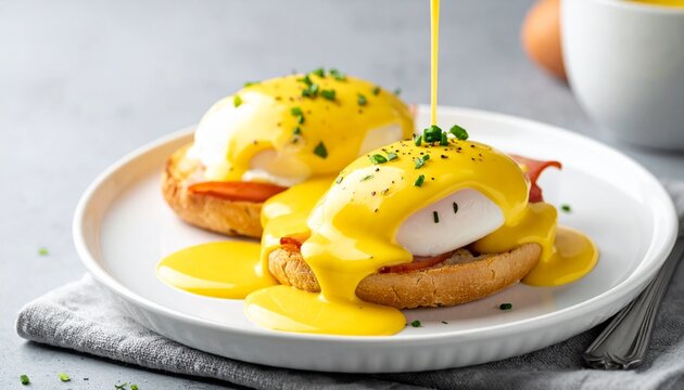 Delicious Eggs Benedict with creamy hollandaise sauce poured over poached eggs and bacon on toasted English muffins