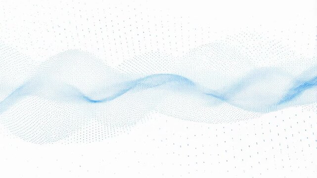 Blue particles form a flowing wave that undulates smoothly over a white background. Radiant backdrop with soft transparency and atmospheric depth.