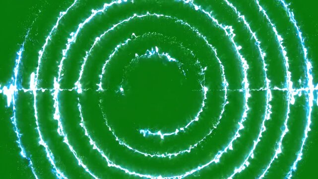 Abstract concentric sonic wave ripples expanding across a bright green screen background with glowing sound frequency distortions