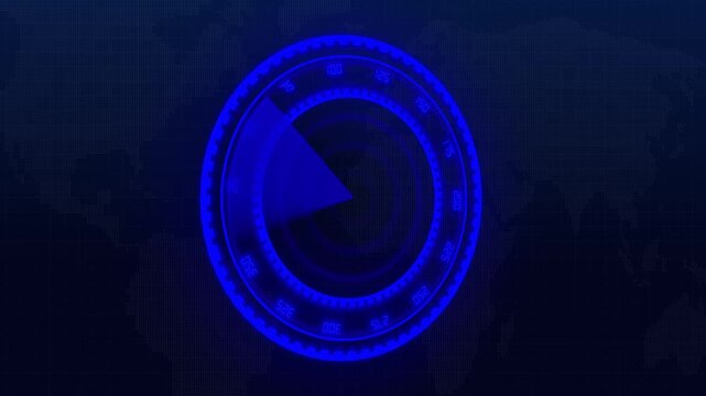 Radar screen tracking animation loops blue digital world map sweeps. Screen tracking sonar overlay display includes detailed computer data text. Sonar tracking template looks futuristic.