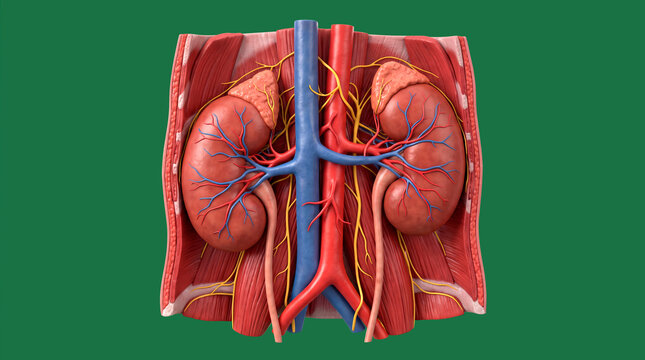 Detailed anatomical view of the human kidneys and urinary system highlighting the essential functions of filtration waste removal and fluid regulation in the human body with a focus on key organs 