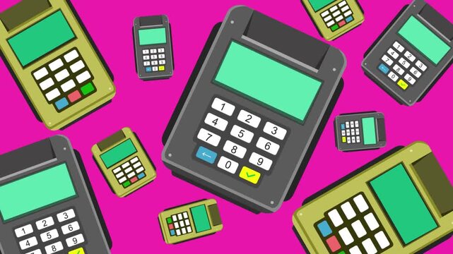 Cartoon style animation of various credit card payment terminals on a red background, money, drawing, 2D, art.