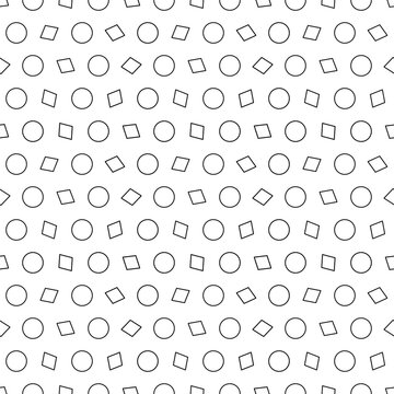 Minimalist monochrome seamless pattern featuring small pixelated circles and diamond shapes on white background