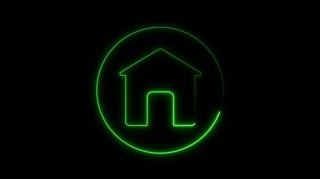 House home symbol animation displays green neon outlines inside circles. Home symbol household icon flashes bright on dark black backgrounds. Symbol animation layout looks clean and minimal.