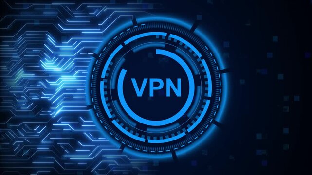 Virtual private network interface animation features blue circuit lines. Private network cyber security tool tracks encrypted server connection rows. Network interface layout loops cleanly.