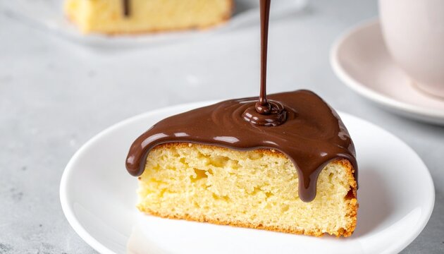 Delicious slice of vanilla sponge cake being drizzled with rich liquid chocolate glaze on a white plate