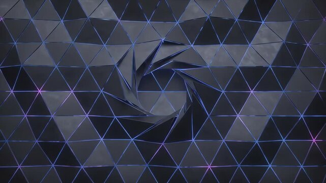 Abstract silhouette low poly background featuring dark geometric triangles shifting and rotating in a seamless looping motion with glowing edges