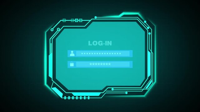 Futuristic digital interface for login with glowing cyan frame and grid technology