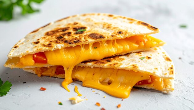 Stack of warm Mexican cheese quesadillas with stretchy melted filling and golden toasted tortillas on a white plate against a clean neutral background