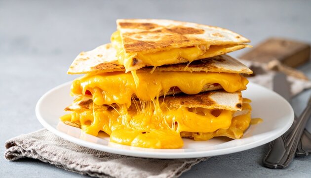 Delicious toasted cheese quesadillas with gooey melted cheddar filling on a clean neutral background