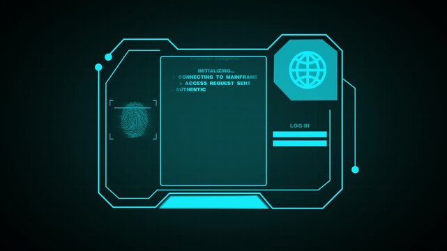 System log with fingerprint and globe icon on a cyan futuristic interface scan authentication