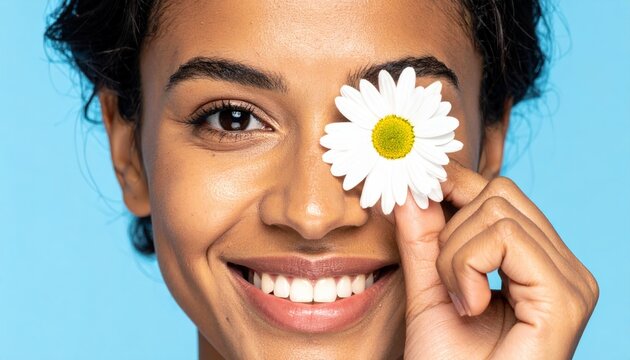 Close Up Portrait of Smiling Woman Holding White Daisy Flower Over Eye on Blue Background