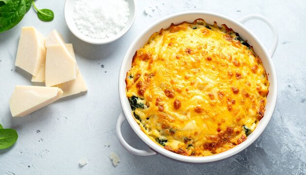 Fresh baked cheesy spinach casserole in a white baking dish with parmesan cheese and ingredients