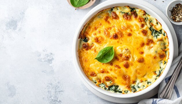 Delicious creamy spinach casserole topped with golden bubbling melted cheese served in a white baking dish on a light textured background