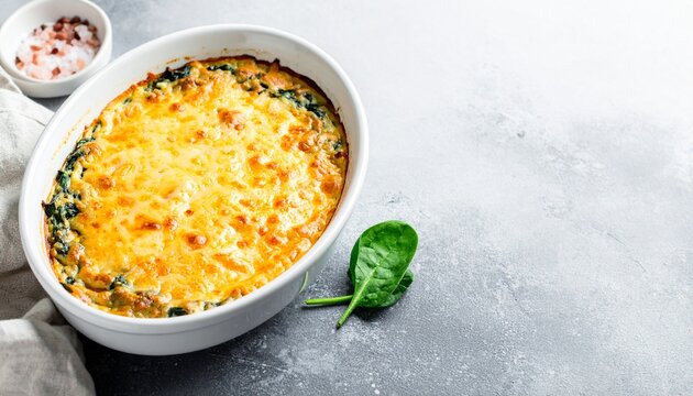 Freshly baked spinach and cheese casserole in a white baking dish on a light concrete background