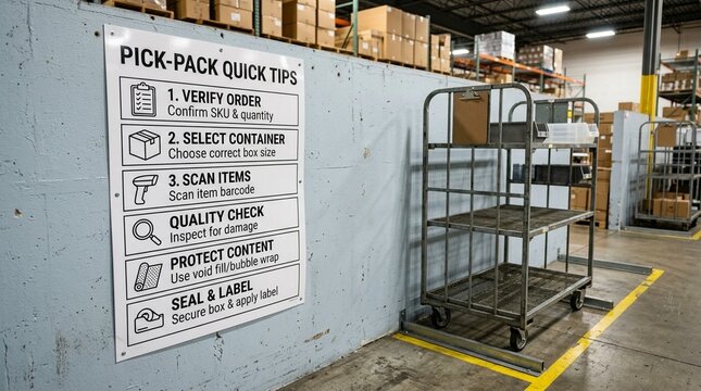 Wall-mounted pick-pack quick tips poster beside a rolling cart bay