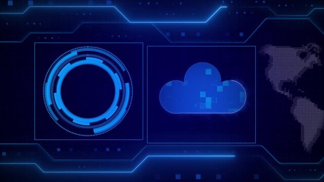 Technology futuristic cloud animation loops blue network map overlays. Futuristic cloud storage icon displays international communication lines. Cloud animation layout looks highly searchable.