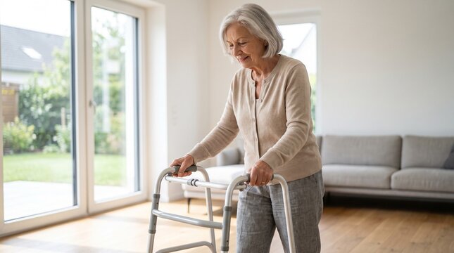 Senior woman moves slowly across her sunlit living room while holding onto a metal walking frame tool.