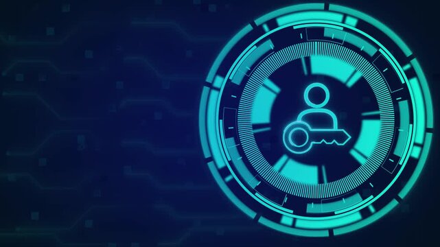 User icon profile animation displays cyan HUD circles with key symbols. Icon profile digital identification vector ensures safe security access. Profile animation sequence loops cleanly.