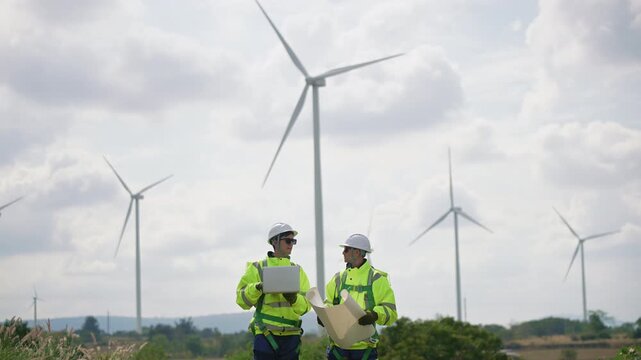 Engineers working on site in wind turbine farm, Wind turbines generate clean energy source, Eco technology for electric, industry environment.