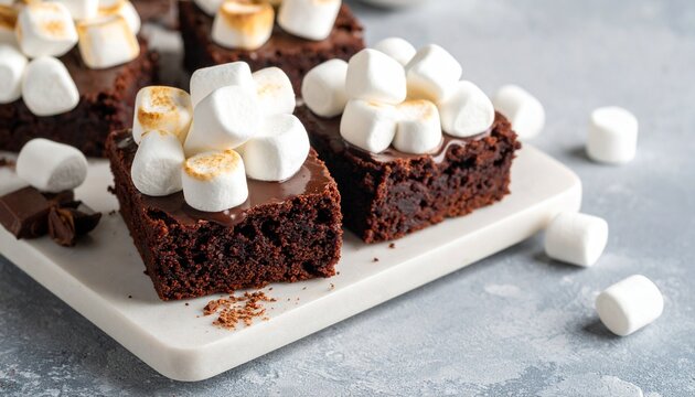 Homemade decadent chocolate brownies topped with toasted fluffy marshmallows on a ceramic plate