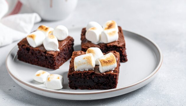 Freshly baked chocolate brownies topped with toasted marshmallows on a ceramic plate, sweet dessert treat with soft texture and rich cocoa flavor