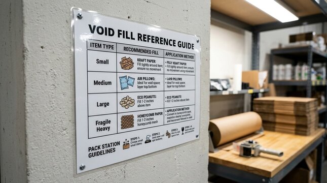 Quick-reference void fill chart laminated and mounted beside a pack station