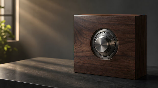 Elegant wooden safe with a metallic dial sits on a dark surface with soft light